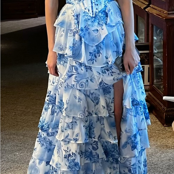Sherri Hill Blue Floral Strapless Dress - Picture 2 of 2